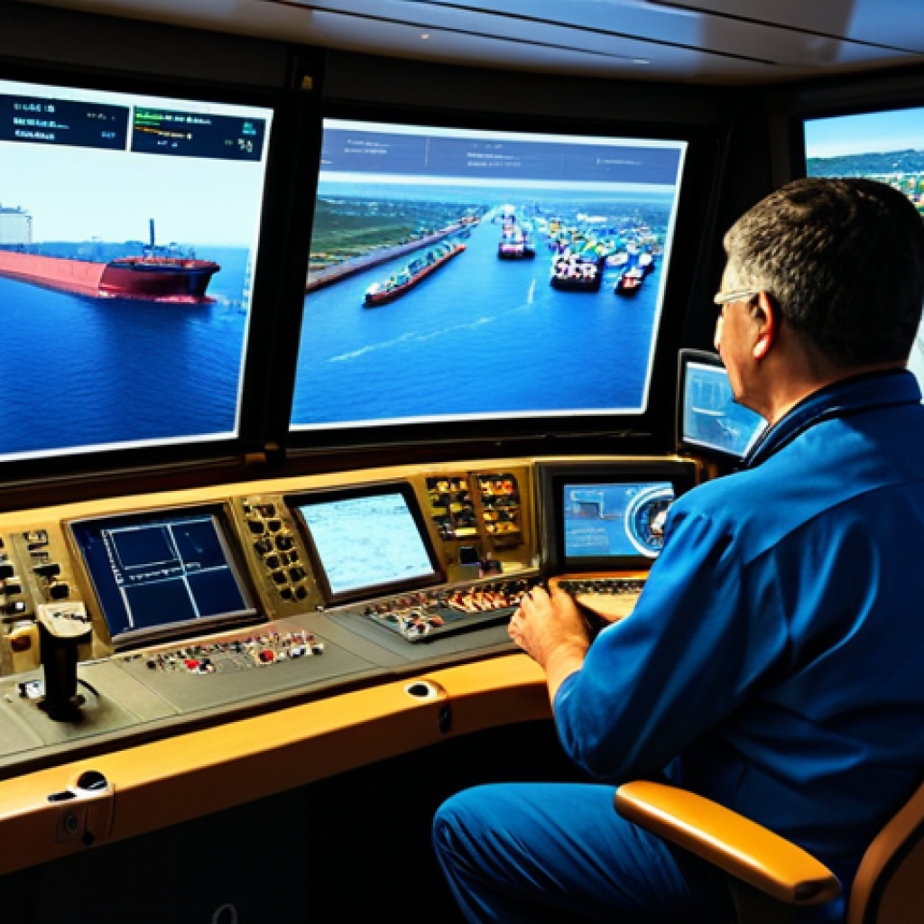 **Prompt:** "A bustling port scene with cargo ships and smaller vessels, viewed from a VTS control room. Operators monitor radar screens and communicate via radio. Focus on technology and busy maritime activity. Safe for work, appropriate content, fully clothed, professional, perfect anatomy, natural proportions, high quality, realistic."