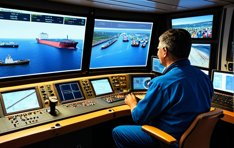 **Prompt:** "A bustling port scene with cargo ships and smaller vessels, viewed from a VTS control room. Operators monitor radar screens and communicate via radio. Focus on technology and busy maritime activity. Safe for work, appropriate content, fully clothed, professional, perfect anatomy, natural proportions, high quality, realistic."