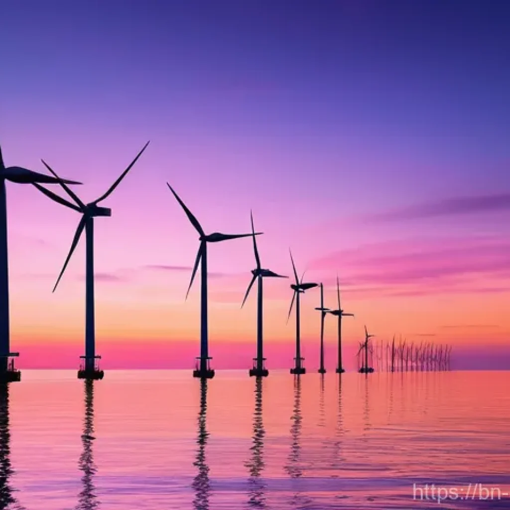 해양 풍력 터빈 기술 - **Prompt:** A breathtaking wide-angle shot of a large floating offshore wind farm at dawn in a vast ...