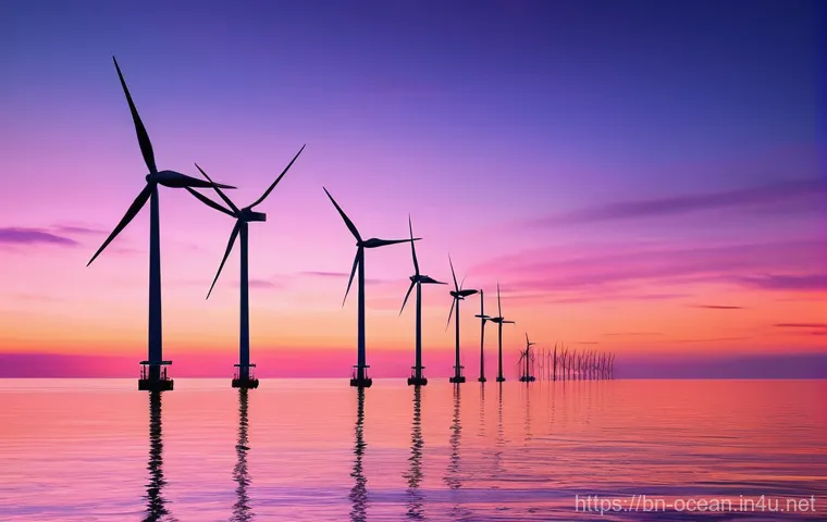 해양 풍력 터빈 기술 - **Prompt:** A breathtaking wide-angle shot of a large floating offshore wind farm at dawn in a vast ...