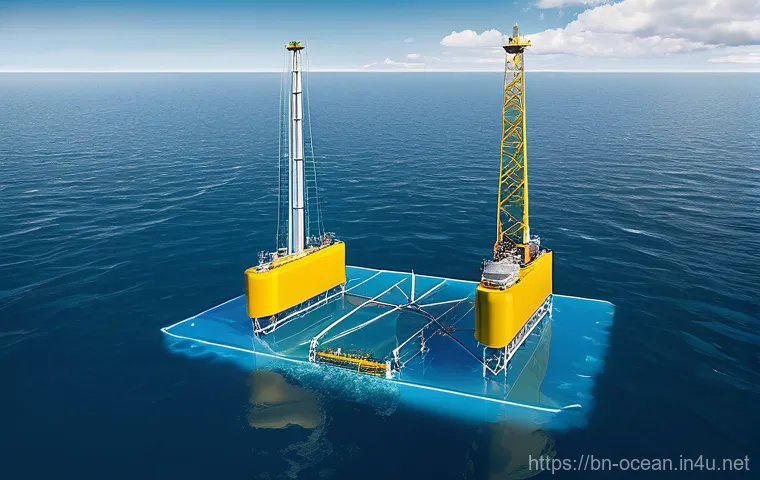 해양 풍력 터빈 기술 - **Prompt:** A breathtaking wide-angle shot of a large floating offshore wind farm at dawn in a vast ...