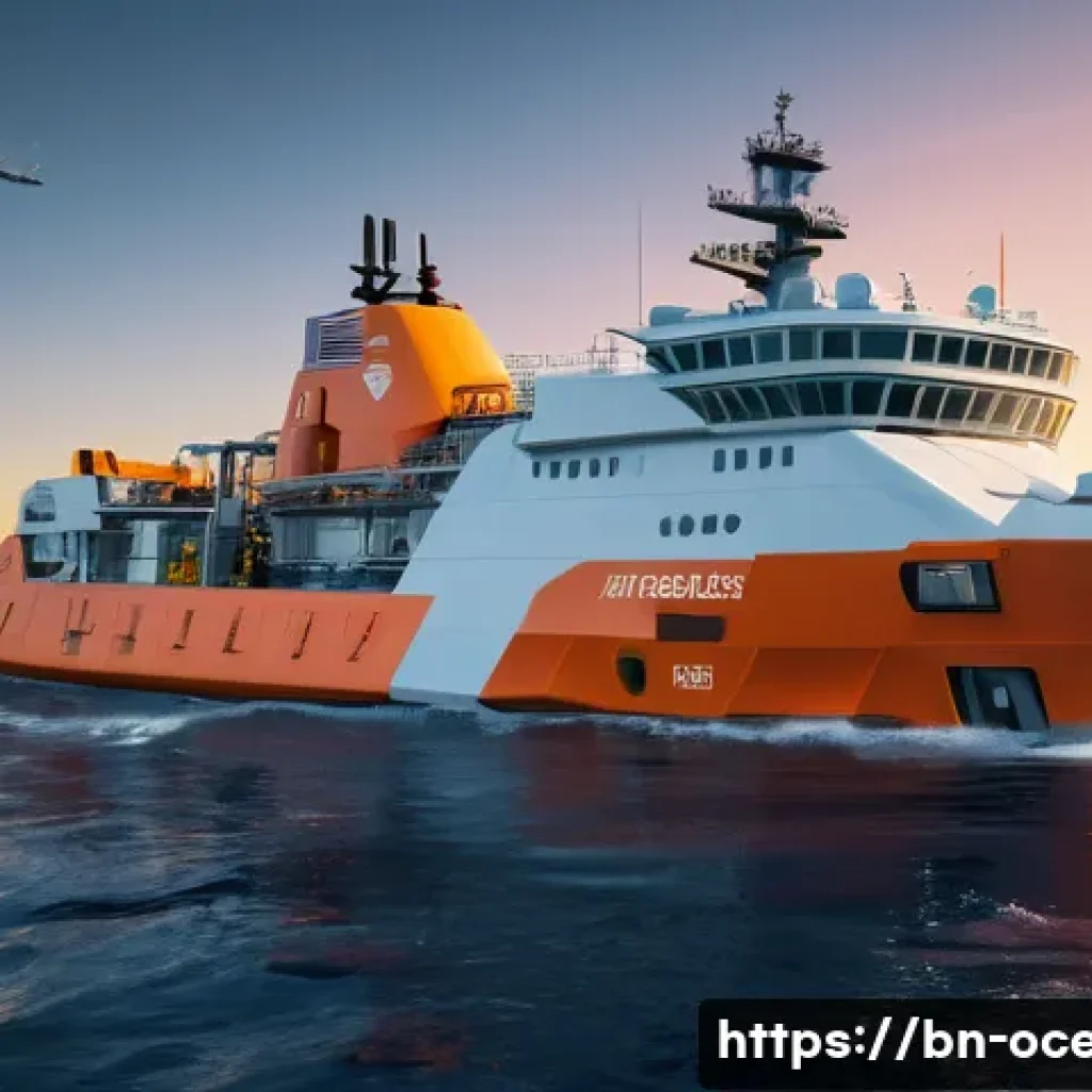 해양 사고 구조 대책 - **Prompt:** A modern, high-tech sea rescue operation unfolding at dawn. A sleek, white rescue ship i...