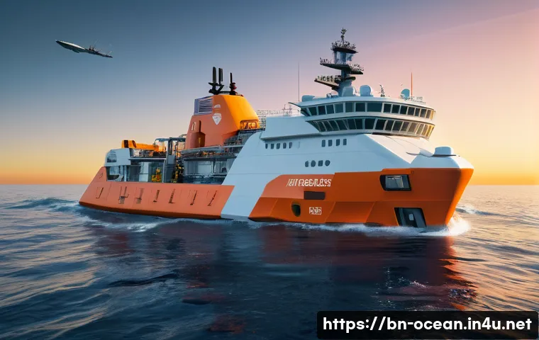 해양 사고 구조 대책 - **Prompt:** A modern, high-tech sea rescue operation unfolding at dawn. A sleek, white rescue ship i...