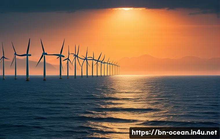 해양 재생 가능 에너지 - **Prompt 1: Ocean's Combined Wind and Wave Power**
"A majestic, wide shot of a future ocean land...