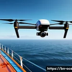 해양 보안 기술 - A high-tech maritime surveillance scene featuring a modern drone flying over vast ocean waters near ...