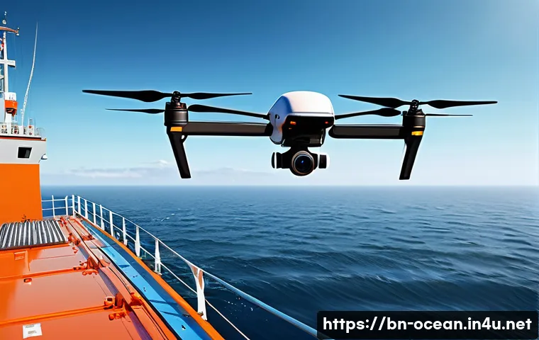 해양 보안 기술 - A high-tech maritime surveillance scene featuring a modern drone flying over vast ocean waters near ...