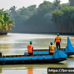 해양 기술 스타트업 - A futuristic coastal scene in Bangladesh showcasing advanced wave energy platforms gently floating o...