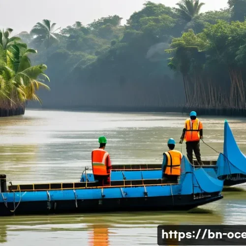 해양 기술 스타트업 - A futuristic coastal scene in Bangladesh showcasing advanced wave energy platforms gently floating o...