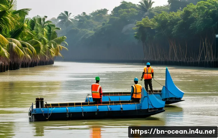 해양 기술 스타트업 - A futuristic coastal scene in Bangladesh showcasing advanced wave energy platforms gently floating o...