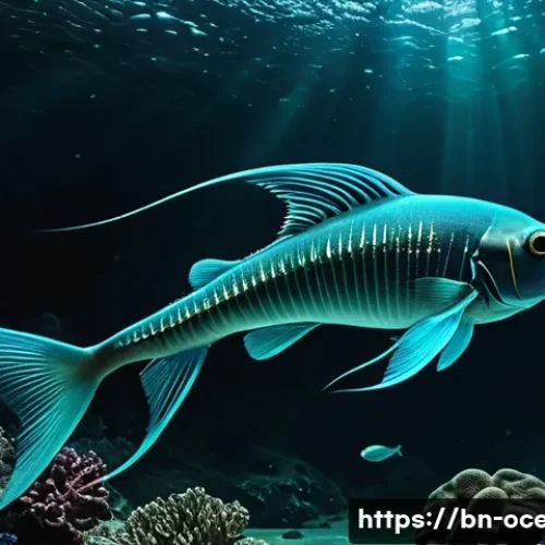 해양 생물학 - A detailed underwater scene showcasing a deep-sea bioluminescent fish emitting a soft blue-green glo...