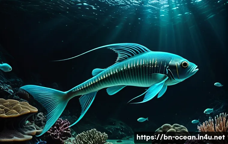 해양 생물학 - A detailed underwater scene showcasing a deep-sea bioluminescent fish emitting a soft blue-green glo...