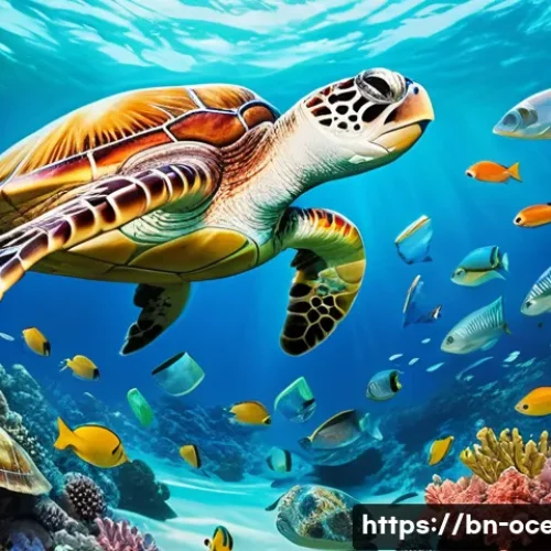 해양 오염 제거 기술 - A detailed underwater scene showcasing biodegradable bags, bottles, and packaging materials gently f...