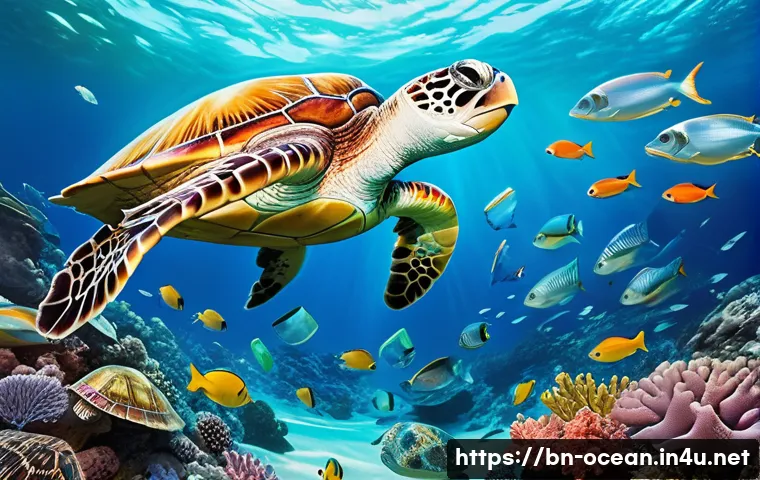 해양 오염 제거 기술 - A detailed underwater scene showcasing biodegradable bags, bottles, and packaging materials gently f...
