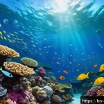 수중 카메라 기술 - A high-resolution underwater scene showing a wide-angle view of a vibrant coral reef teeming with di...