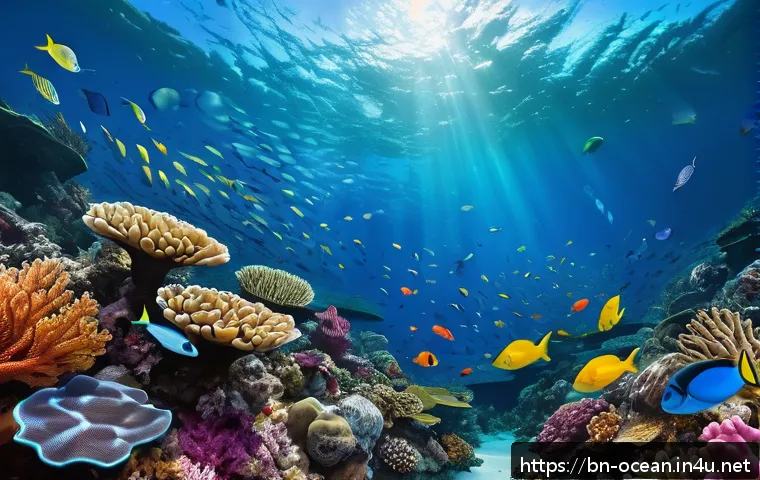 수중 카메라 기술 - A high-resolution underwater scene showing a wide-angle view of a vibrant coral reef teeming with di...