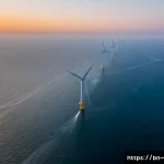 해상 풍력 발전 - Photorealistic aerial sunrise view of a vast offshore wind farm in the Bay of Bengal, rows of toweri...