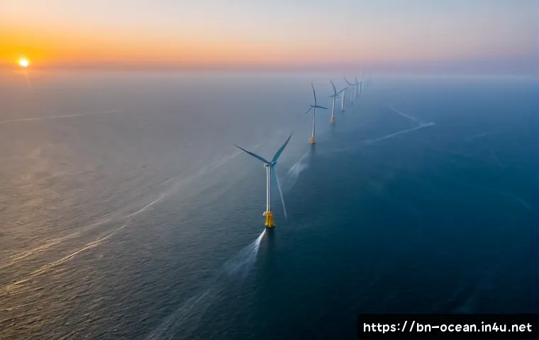 해상 풍력 발전 - Photorealistic aerial sunrise view of a vast offshore wind farm in the Bay of Bengal, rows of toweri...