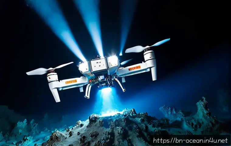 심해 탐사 드론 - Photorealistic deep-sea exploration drone hovering above a glowing hydrothermal vent on the ocean fl...
